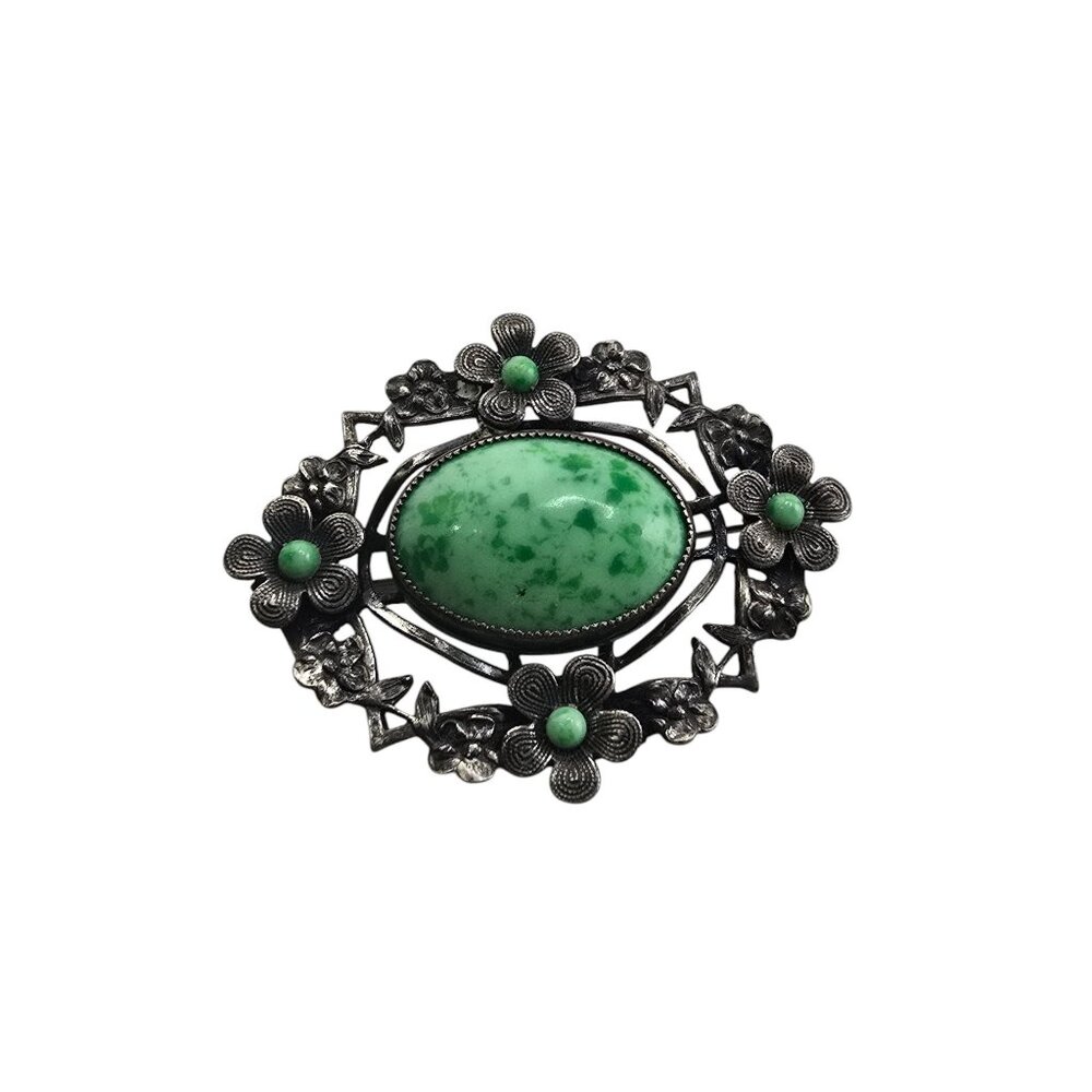 Gorgeous Mottled Green Stone Czech Brooch (A7054)